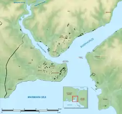 Carte d'Istanbul et de ses monuments historiques avec la Corne d'Or à l'ouest.