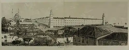 Gravure de la caserne Selimiye publié en 1857 par Lady Alicia Blackwood dans son livre Scutari : the Bosphorus and the Crimea. Twenty four sketches. Sur la gauche, on retrouve la Grande Mosquée Selimiye.