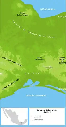 Carte de localisation de la sierra Madre de Oaxaca à l'ouest de l'isthme de Tehuantepec.