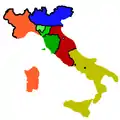 Les États italiens en 1859 : en orange, le royaume de Sardaigne ; en jaune, le royaume des Deux-Siciles ; en rouge, les États pontificaux ; en bleu, le royaume lombard-vénitien et en vert le grand-duché de Toscane, le duché de Parme ainsi que celui de Modène et Reggio.
