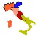 Le royaume de Sardaigne (en orange) en 1860 après l'annexion de la Lombardie, du grand-duché de Toscane, des duchés émilien et de la Romagne pontificale.