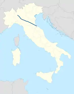 Parcours de la route sur une carte de l'Italie