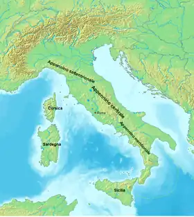 Localisation de l'Apennin central dans la chaîne des Apennins en Italie.