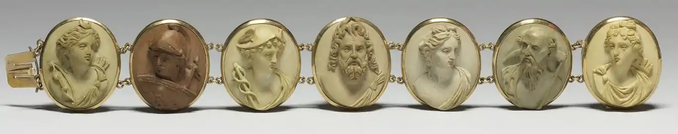 Bracelet et les sept divinités romaines associées aux jours de la semaine (moitié XIXe siècle).