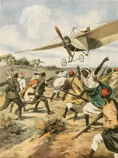 Avion italien Taube attaquant les forces ottomanes et bédouines en Libye pendant la guerre italo-turque, gravure d'Achille Beltrame, Corriere della Sera, 1911-1912.
