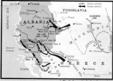 Carte des combats de la guerre italo-grecque montrant l'invasion du sud de l'Albanie par l'armée grecque.