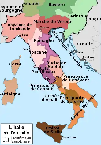 Carte de l'Italie en l'an mille avec différentes couleurs suivant les territoires