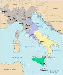 Carte géographique centrée sur l'Italie, montrant un trajet allant de Rome jusqu'à Malte puis remontant vers le nord.