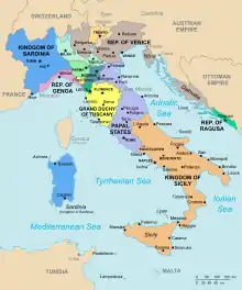 L'Italie et le grand-duché de Toscane (en jaune vif) en 1796.
