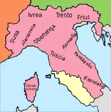 Le Royaume d'Italie (781-1024) en violet.