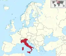 Carte administrative de l'Europe, montrant l'Italie en rouge.