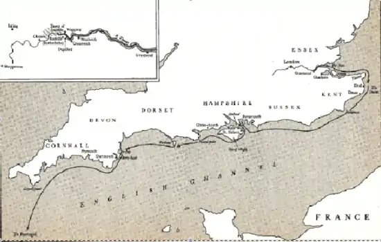 Carte suivant la route du navire. En fenêtre à droite, descente de la Tamise.