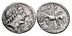 Denarius frappé vers 80 av. J.-C. par un membre de la gens Postumia. À l'avers, une tête laurée qui pourrait être celle d'Honos. Au revers, les Dioscures se tiennent près de leurs chevaux qui s'abreuvent dans la source du Forum.