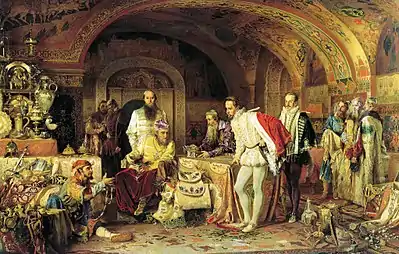 Plusieurs hommes se trouvent dans une salle richement décorée avec de nombreux objets en or.