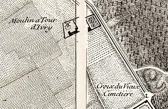 La croix du Vieux-Cimetière à l'emplacement de la station de métro Pierre-et-Marie-Curie, sur le plan de Roussel en 1731.