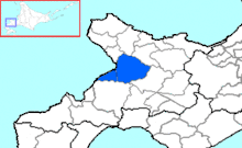 Carte bicolore montrant l'emplacement du district d'Iwanai dans la sous-préfecture de Shiribeshi.