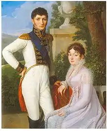Tableau représentant un homme et une femme dans un décor antiquisant.