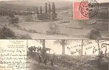 Jézainville. La vallée de l'Esch et course de chevaux du 12e Régiment de Dragons de Pont-A-Mousson. Les méandres sont soulignés par la ripisylve.