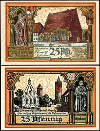 Monnaie de nécessité de 25 pfennings à Jüterbog en 1920 montrant la Heilig-Geist-Kapelle (Jüterbog) (de).