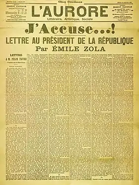 Émile Zola, « J'accuse… ! » à la une du journal L'Aurore, 13 janvier 1898.