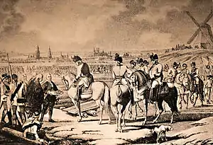 À gauche, le bourgmestre des Lignages Henri-Ferdinand-Joseph de Locquenghien, nommé bourgmestre le 23 décembre 1789, accompagné du magistrat de Bruxelles, présente les clefs de la ville au maréchal Bender le 2 décembre 1790.