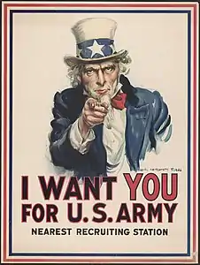 Affiche de recrutement illustrée par l’Oncle Sam (1917) légendée I want you for U.S. Army nearest recruiting station. (« Je vous veux au bureau de recrutement de l'armée des États-Unis le plus proche. »).