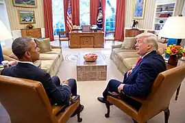 Rencontre entre le président Obama et le président élu Trump à la Maison-Blanche, le 10 novembre 2016.