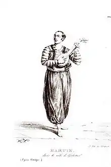 Lithographie en pied d'un acteur célèbre en tenue de scène de la troupe du Théâtre Favart.