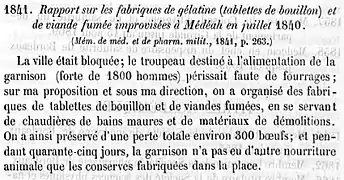 Rapport de Julien-François Jeannel sur sa proposition et réalisation innovante de Tablettes de viande et viande fumée lors du siège de Médéa