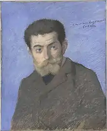 Peinture représentant un homme barbu en buste sur fond bleu.