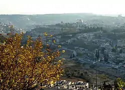 La Vieille Ville de Jérusalem, avec vue sur la vallée du Cédron, depuis le mont Scopus (au nord de la vieille ville).