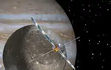 La sonde est représentée au-dessus de Ganymède, qui est elle-même représentée devant Jupiter en fond.
