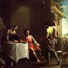Peinture de deux hommes en discussion, l'un debout à droite, l'autre à gauche est assis à une table et une femme le sert.