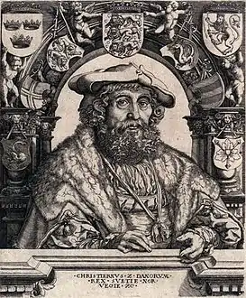 6. Christian II, roi du Danemark, 1529, copie en contrepartie d'une estampe de Jan Gossart, cat. Hollstein 245.I.