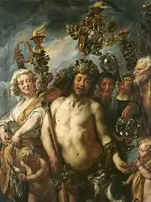 Bacchus debout, avec un sceptre dans la main droite, est entouré de six personnages en train de fêter et de boire.