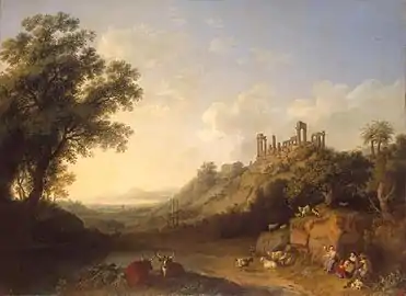 Jacob Philipp Hackert: Paysage avec ruines de temples en Sicile (Vallée du temple d'Agrigente), 1778.