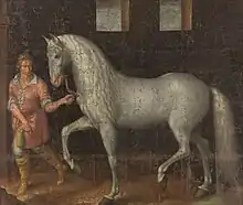 Tableau représentant un jeune homme en costume d'époque tenant en main un cheval gris qui semble piaffer.