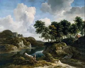 Jacob van Ruisdael,Paysage d'un fleuve avec un château sur une haute falaise (1670-1679)