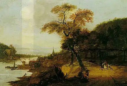 Paysage le long d'une rivière avec cavaliers