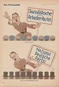 Selon que son auditoire soit composé d'ouvriers ou de financiers, Hitler accentue alternativement tel ou tel vocable du nom de son parti. Illustration de Jacobus Belsen, 1930.