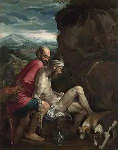 Jacopo Bassano, v. 1562-63. Le bon Samaritain, 102 × 79 cm. National Gallery, Londres