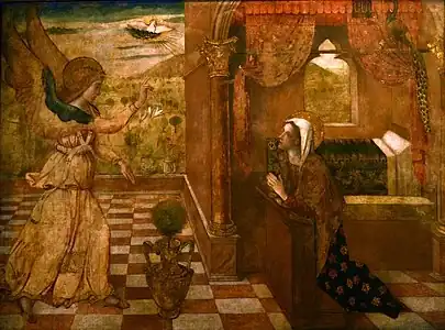Peinture. L'ange, sur un sol pavé, arrive devant Marie, agenouillée dans sa chambre.