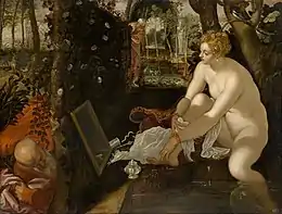 Peinture. Dans un bois, une femme nue se mire dans un miroir sous le regard de deux vieillards plus ou moins dissimulés dans la végétation.