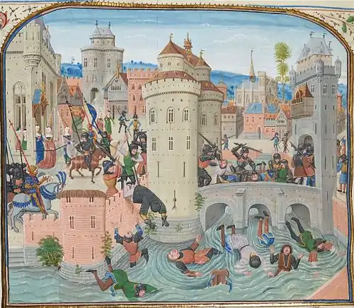 Illustration en couleurs d'une scène de combat autour d'un château et d'une rivière.