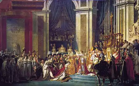 Le Sacre de Napoléon, tableau de David, 1805-1808, musée du Louvre. La scène se déroule dans le chœur de la cathédrale tel qu’il se présentait à l’époque, avec la décoration des colonnes conçue par Robert de Cotte en 1698.