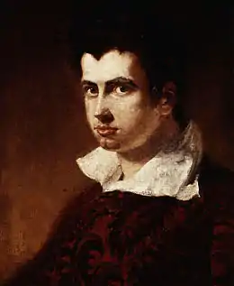 Peinture couleur en buste. Jeune homme en habit noir, col échancré, tête légèrement tournée vers la gauche.