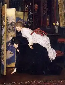 Jeunes femmes regardant des objets japonais, James Tissot (vers 1870).