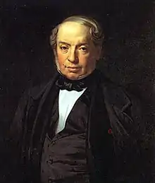 Portrait peint d'un homme à face rubiconde portant un nœud papillon et veste sombre