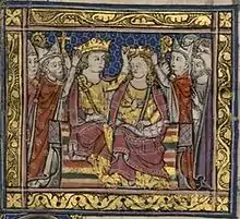 Miniature du Moyen Âge représentant le couronnement d'un couple royal entouré d'une assemblée richement vétue.
