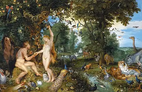 The garden of Eden with the fall of man : le péché originel d'Adam et Ève. Peinture de Jan Brueghel l'Ancien et Pierre Paul Rubens, vers 1615.